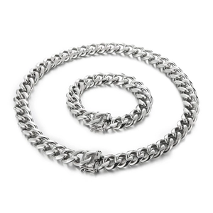 Ensemble chaîne cubaine hip hop pour hommes avec collier et bracelet en acier argenté