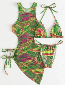 Three-piece marble print bikini set featuring a mesh cover-up and side-tie swim bottom