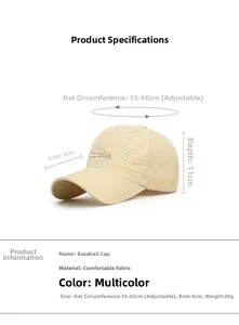 Size specifications and details for the beige breathable mesh embroidered baseball cap