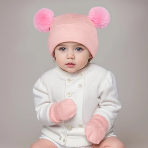 Pink knit baby hat with two large pom-poms and matching warm gloves set for winter