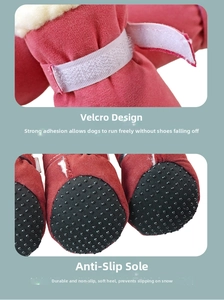 Detail of dog boots featuring adjustable velcro straps and anti-slip rubber soles for winter