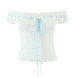 French Retro Off Shoulder White Lace Blouse Women Sweet Ruffle Eyelet Embroidered Crop Top With Light Blue Ribbon