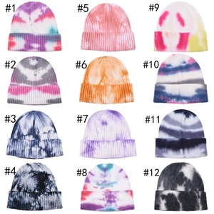 Tie-dye knitted beanies for women in 12 assorted gradient colors with ribbed patterns