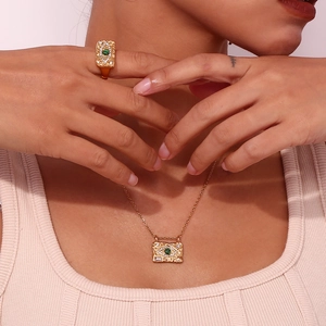 Vintage 18K gold-plated stainless steel malachite evil eye square pendant and ring set