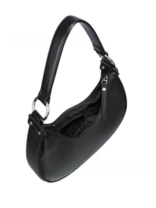 Internal view of black half-moon hobo bag showing spacious lining and silver hardware details