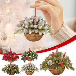 Hanging Christmas flower basket with LED lights and pine cones for tree decoration