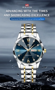 Detail of diamond-cut glass face and date display on a blue sunray dial men's watch