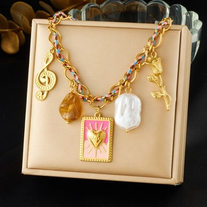 Stainless Steel Multi Charm Necklace Woven Rope Artificial Baroque Pearl Music Note Rose Heart Pendant Retro Fashion Women Jewelry