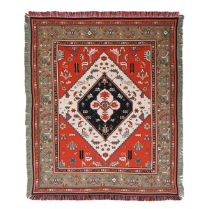 Couverture de camping bohème rouge tissée avec motifs tribaux et bordures frangées