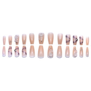 Coffin press-on nails set with pink gradient, 3D white camellia flowers and pearls