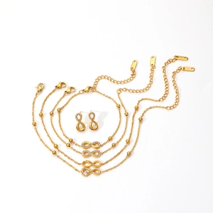 Gold infinity jewelry set with stainless steel bracelets and crystal earrings