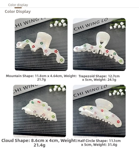 Detail of elegant acetate hair claws with floral rhinestones in various geometric shapes