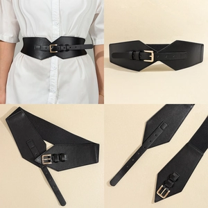 Detailed four-view composite showing black elastic waist belt with metallic buckle