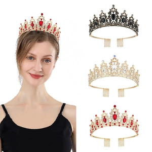 Elegant crystal bridal crown tiara set in gold and black with sparkling rhinestones