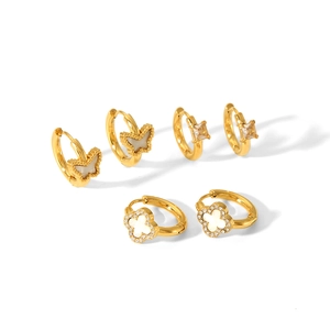 Three-piece 18k gold plated earring set featuring butterfly, clover and square motifs