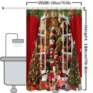 Detailed Christmas shower curtain featuring festive snowmen, gift boxes, and tree patterns