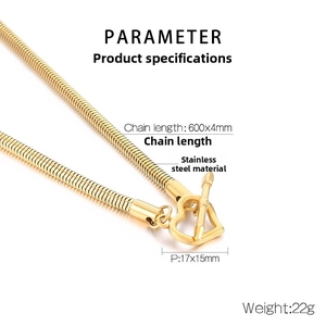 Detailed view of golden stainless steel snake chain with heart OT toggle clasp specs