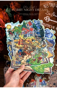 Detailed shot of Van Gogh style artistic stickers with hand showing size and vibrant colors