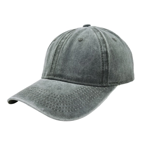 Detailed side view of charcoal grey washed cotton baseball cap with vintage finish