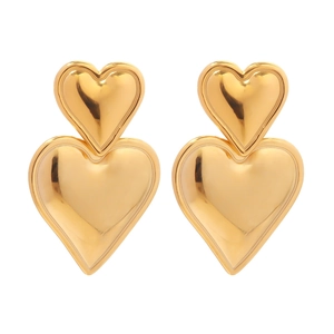 Minimalist 18k gold plated double heart earrings with polished metallic finish