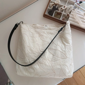 French Vintage Floral Embroidery Cotton Canvas Shoulder Tote Bag With Black Leather Strap For Women Daily Accessory