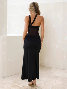 Slim fit black asymmetric dress with sheer mesh panels and open back design