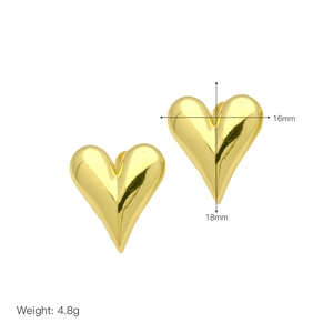 Detailed view of gold heart stud earrings measuring 16mm by 18mm weighing 4.8g