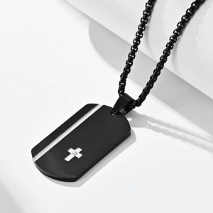 Men's black dog tag pendant necklace with silver cross and small diamond on box chain