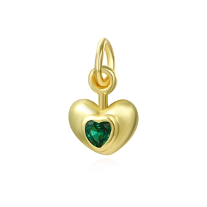 Detail of 18k gold plated 3D heart pendant with central green zircon stone for DIY jewelry