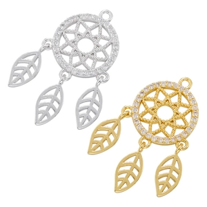 Dreamcatcher Pendant Copper Gold Plated Cubic Zirconia Hollow Maple Leaf Tassel Charm Jewelry Making Forest Style Women
