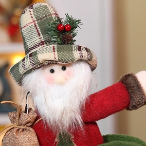 Detail of Christmas gnome curtain tieback featuring a long white beard and plaid hat