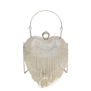 Silver heart-shaped box bag with sparkling rhinestones and elegant long tassels