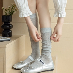 Japanese style grey ribbed knit slouch socks for women in soft cotton blend material