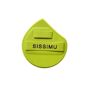 Bright green teardrop makeup sponge with wide finger strap on a clean white background