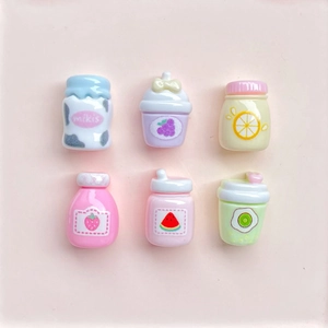 Close-up of 6 mini resin macaron-colored fruit juice bottles for DIY hair clip accessories