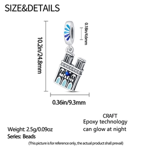 Luminous Notre Dame cathedral charm bead showing detailed size dimensions and blue enamel
