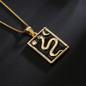 18K gold plated necklace with a square snake totem pendant and black enamel details