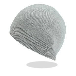 Close-up of the grey knitted beanie showing detailed ribbed texture and soft warm fabric