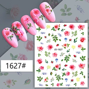 Pink floral nail art stickers with red rose designs and green leaves for DIY manicures