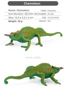 Detail view of a green plastic chameleon toy model with orange spots and dimensions