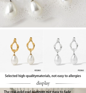Detail view of pearl drop earrings in gold and silver with hollow irregular metal tops