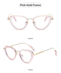 Vista frontale e laterale di occhiali da sole cat-eye rosa trasparenti con aste in metallo oro