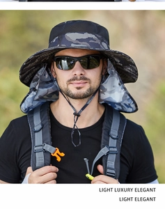 Detail of blue camo outdoor hat with wide brim, neck protection flap, and mesh vent