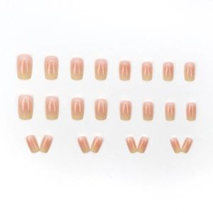 Short square press-on nails with sweet pink and yellow ombré gradient finish, 24 pieces set