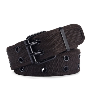 Close-up detail of a dark brown double-prong canvas belt with durable metal eyelets