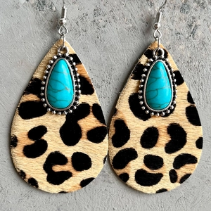 Western leopard print leather teardrop earrings with turquoise stone and silver metal details