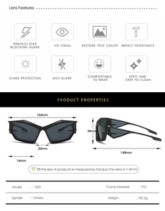Detailed size specifications for futuristic black sports sunglasses with PC frame