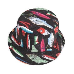 Detail view of fisherman bucket hat with colorful fishing lure print on black fabric