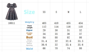 Detailed size chart for vintage polka dot satin dress showing measurements in centimeters