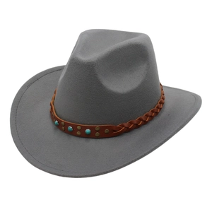 Chapeau fedora en laine grise avec bandeau en cuir serti de turquoises style western